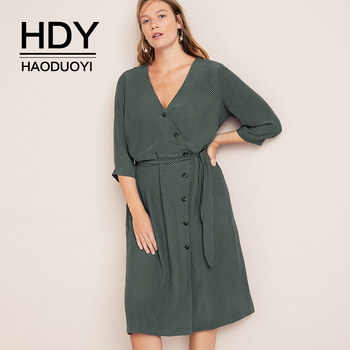 HDY Haoduoyi 2020 New Fashion Thin Loose Plus Size Belt Simple V-neck Casual 3/4 Sleeve Wave Point Long Women Dress